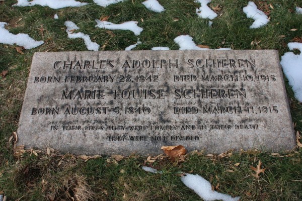 This gravestone, in front of "The Angel of Death," memorializes Mr. and Mrs. Schieren, who died within hours of each others.