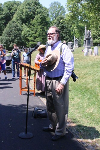 A descendant talks about his Civil War ancestor at the Soldiers' Lot.