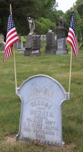 This cast zinc monument, which dates circa 1885, has two flag holders. It was good to see flags flying from it.