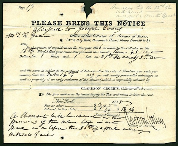 This warrant, dated 1838, bears the signature of Clarkson Crolius, Senior, in his capacity as a government official--the The Green-Wood Historic Fund Collections.