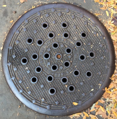 A coal shute cover, on the sidewalk in front of 161 Congress Street, Brooklyn, cast by Howell and Sartain.