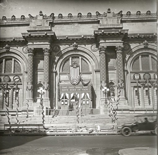 The front of the Public Library, with a banner: 