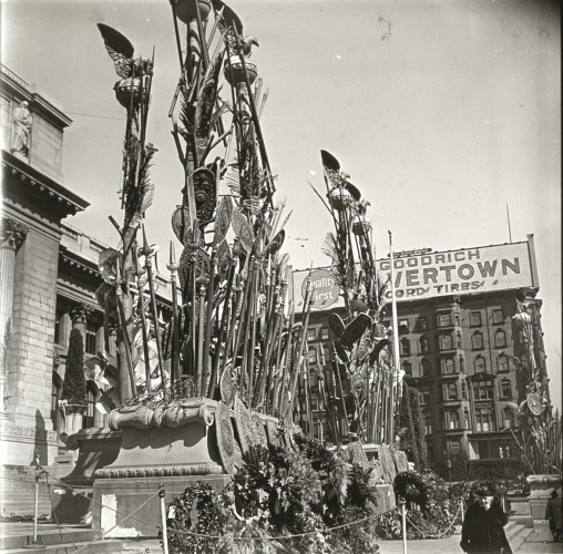 Spears and shields stood in front of the New York Public Library, at the Court of the Heroic Dead.