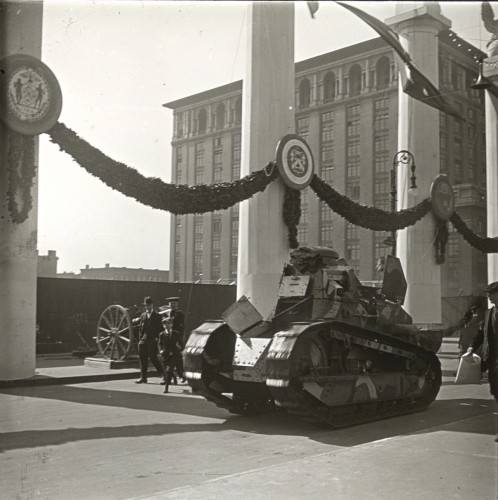 A tank on display. Tanks were used for the first time in World War I; they were useful to attack and destroy machine gun positions.