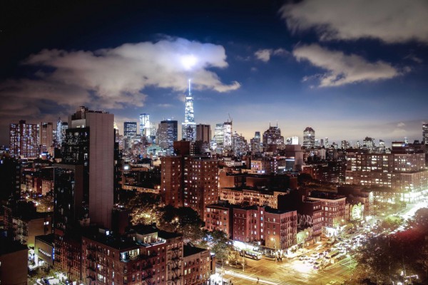 Manhattan skyline, with the World Trade Center in the distance.