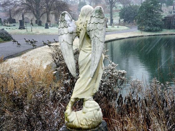 lakefront green-wood statue in the snow