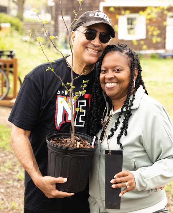 two people holding trees for planting