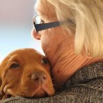 dog rests on woman's shoulder